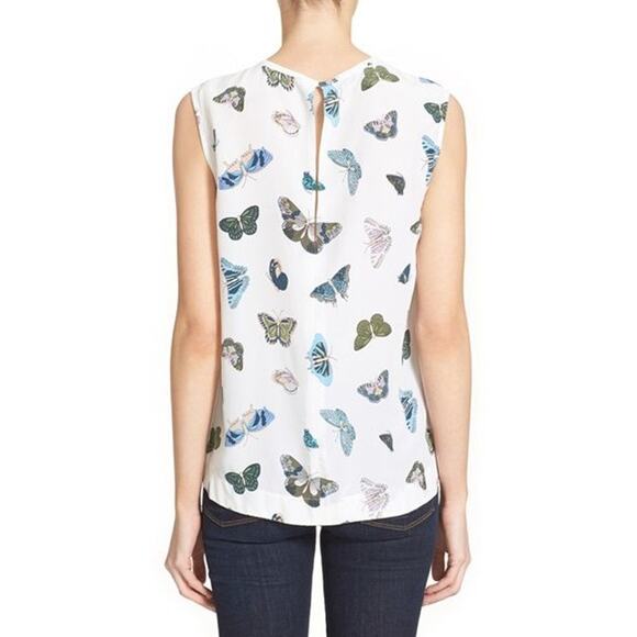 SOLD-Equipment Kyle Butterfly Print Top Sleeveless Blouse White Silk Sz L - Picture 3 of 10